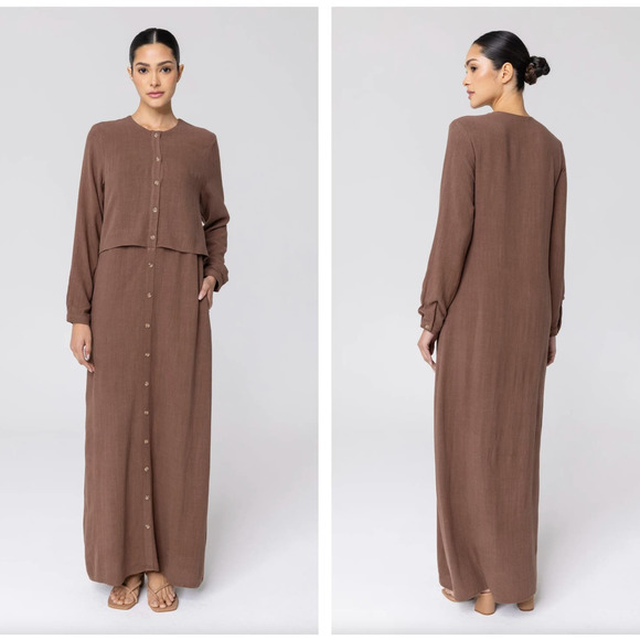 VEILED NEW YORK Sabah Cotton Linen Overlay Maxi Shirt Dress Brown {3T34} - Picture 1 of 8